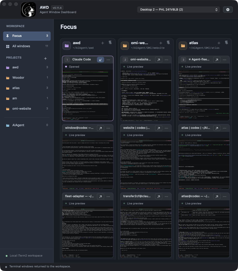 AWD Focus view showing three projects and nine live iTerm2 window previews